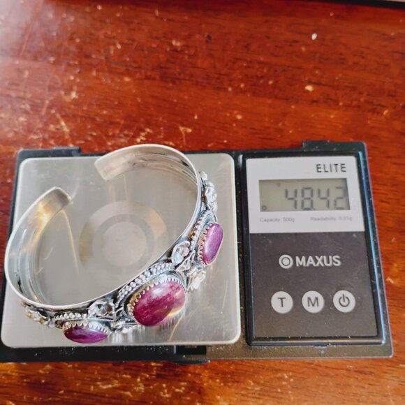 Southwest Purple Spiny Oyster Sterling Silver Cuff Bracelet Floral Design 48.4g - Picture 9 of 11